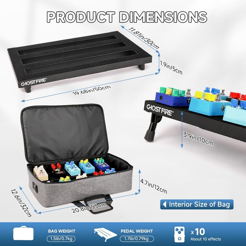 GHOSTFIRE Ghost Fire Medium Portable Powered Guitar Pedal Board Aluminum Alloy 1.76lb Super light Foldable Effect Pedalboard 19.8''x11.5'' with Carry Bag,SPL-04 and Power Supply GS10-SE - Image 3
